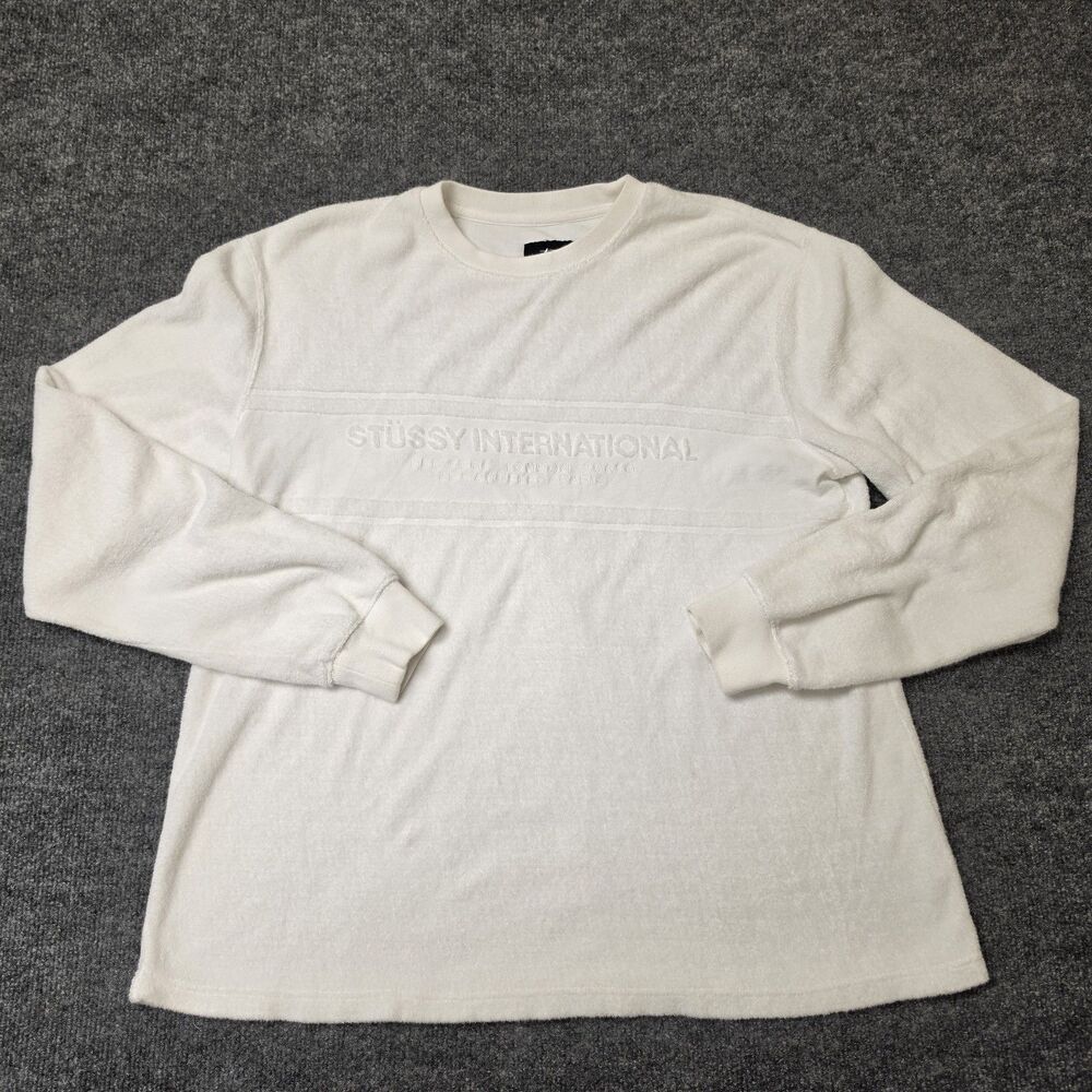 Stussy French Terry Crew Neck White Long Sleeve Top Embossed Logo Men's Sz M
